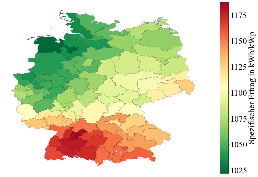 Distribution of the specific yield of roof-top PV systems 2020 in Germany
