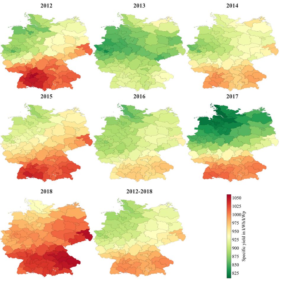 Verteilung des jährlichen spezifischen Ertrags in Deutschland von 2012 bis 2018 und für den langjährigen Durchschnitt.