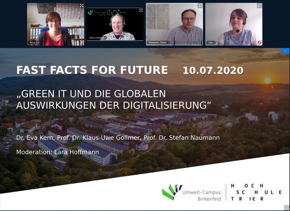 BigBlueButton Videokonferenzplattform Aufnahme der letzten Fast Facts for Future Veranstaltung mit Dr. Eva Kern, Prof. Dr. Klaus-Uwe Gollmer, Prof. Dr. Stefan Naumann und Moderatorin Lara Hoffmann 