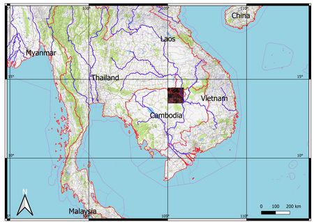 Landkarte zeigt Grenzregion Thailand, Laos, Kambodscha
