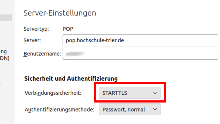 Screenshot der STARTTLS konfiguration im E-Mail-Client Thunderbird