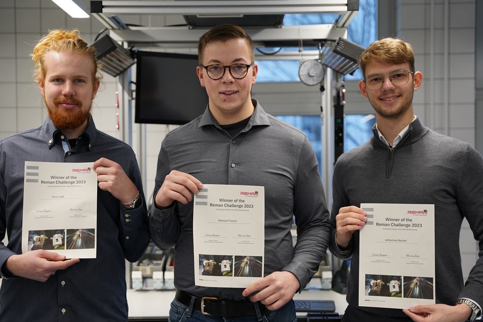 Bild des Siegerteams der Borg Reman-Challenge 2023 (v.l.n.r): Taric Ludt, Manuel Frosch, Johannes Becker