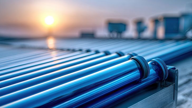 Glasröhren unter Vakuum als Solarkollektoren auf einem leicht geneigten Industriedach