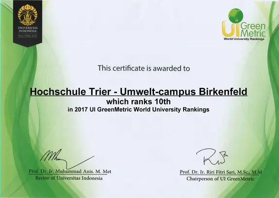 GreenMetric Rankin 12/2017 Urkunde GreenMetric Rankin 12/2017