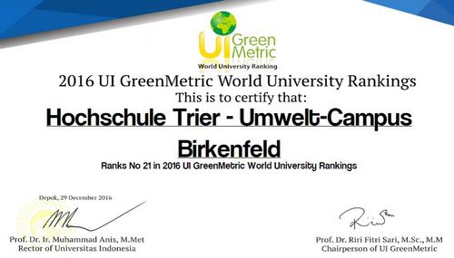 Urkunde GreenMetric Ranking 12/2016