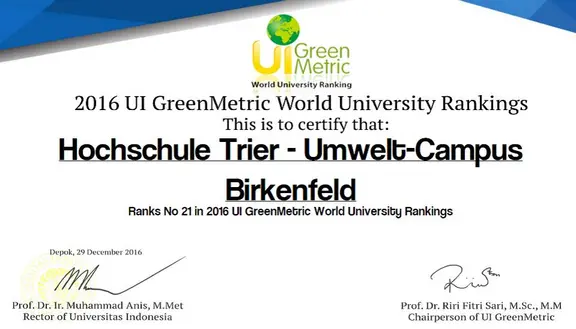 GreenMetric Ranking 12/2016 Urkunde GreenMetric Ranking 12/2016