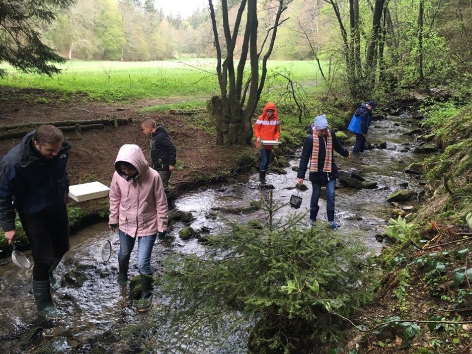 Teilnehmer im Bachbett mir Eimern und Köcher.