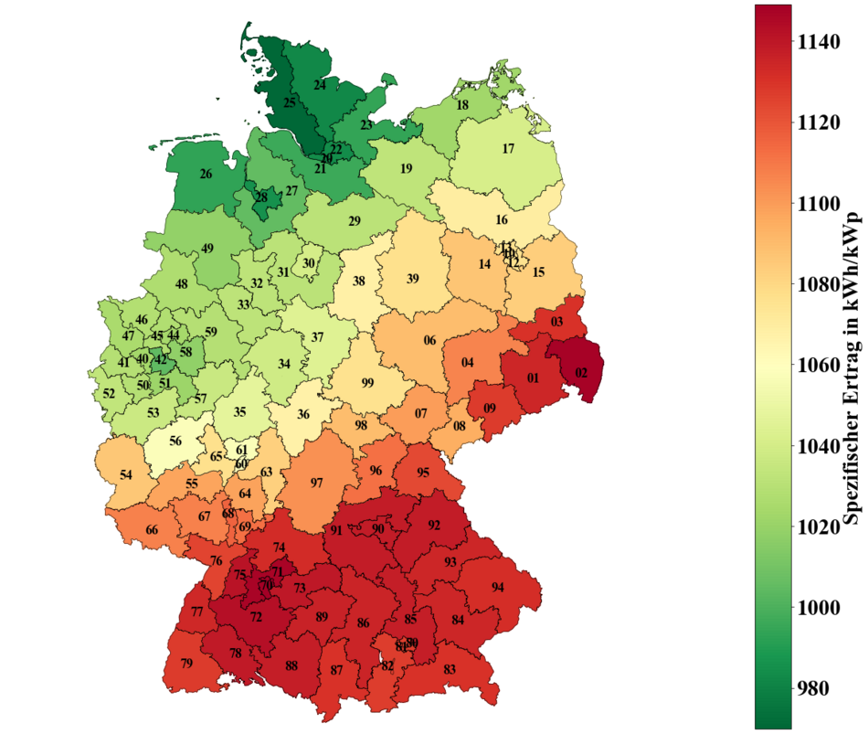 Distribution of the specific yield of roof-top PV systems 2019 in Germany