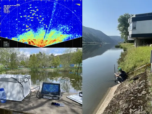 Laptopm am Wasser zur Fischdetektion